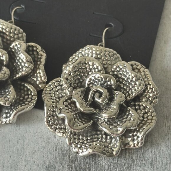 E&L Sterling Silver Rose Flower Electroform Earrings Israel 2 3/8" - Picture 4 of 11